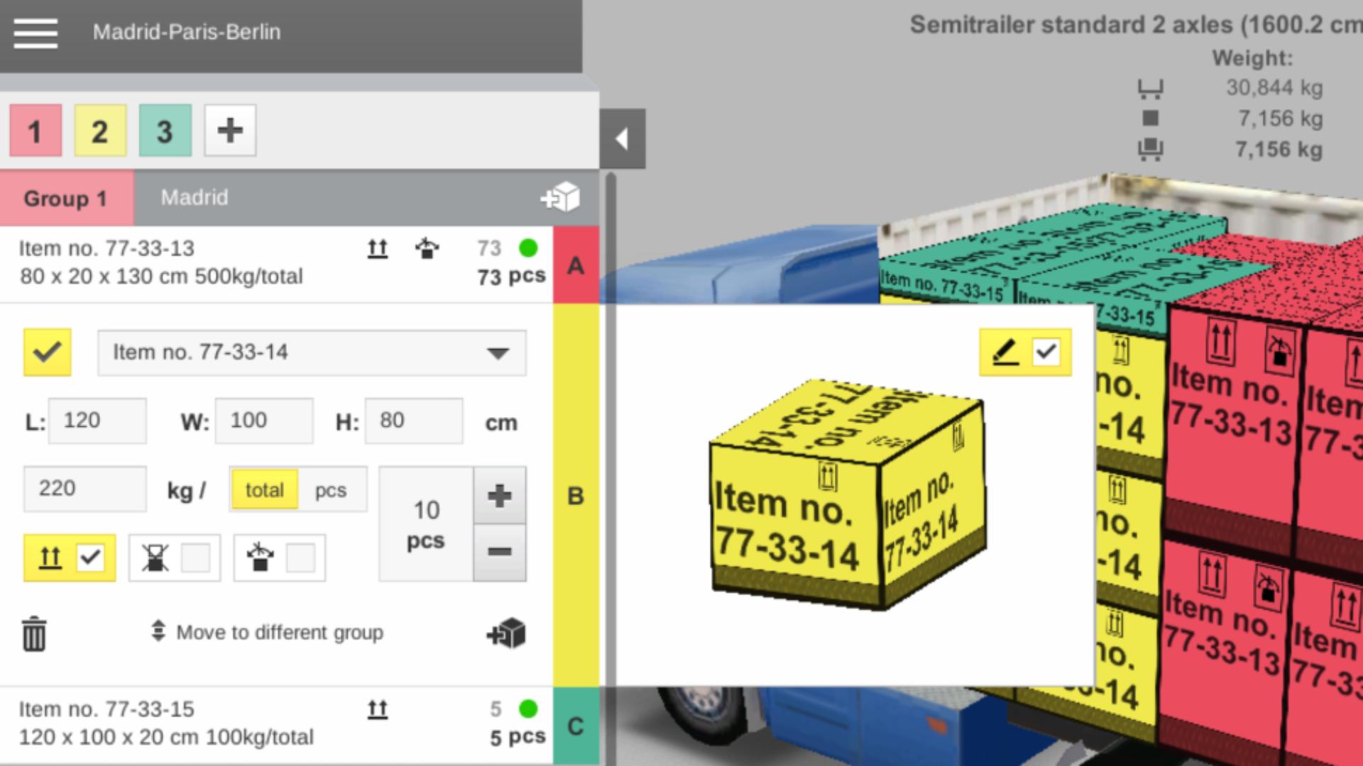 Configuración de restricciones de carga y descripción directamente en el cuadro en el software de carga EasyCargo