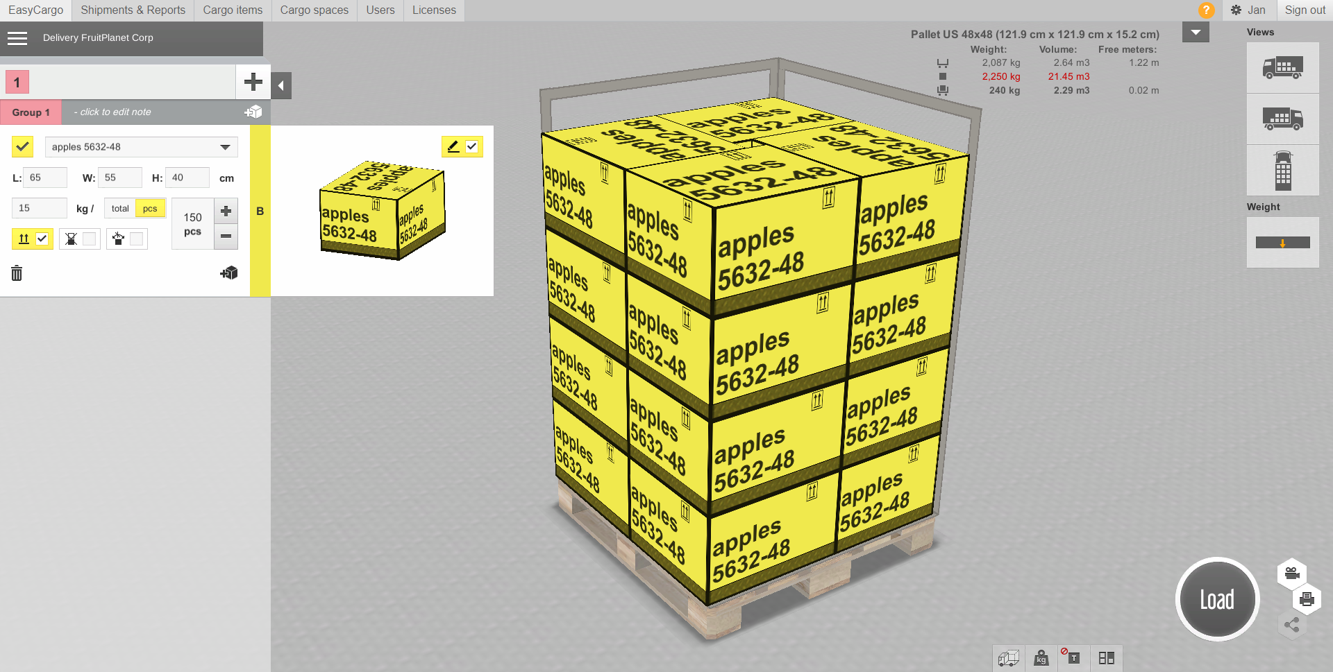 Visualització 3D d'un pla de càrrega en un semiremolc a EasyCargo