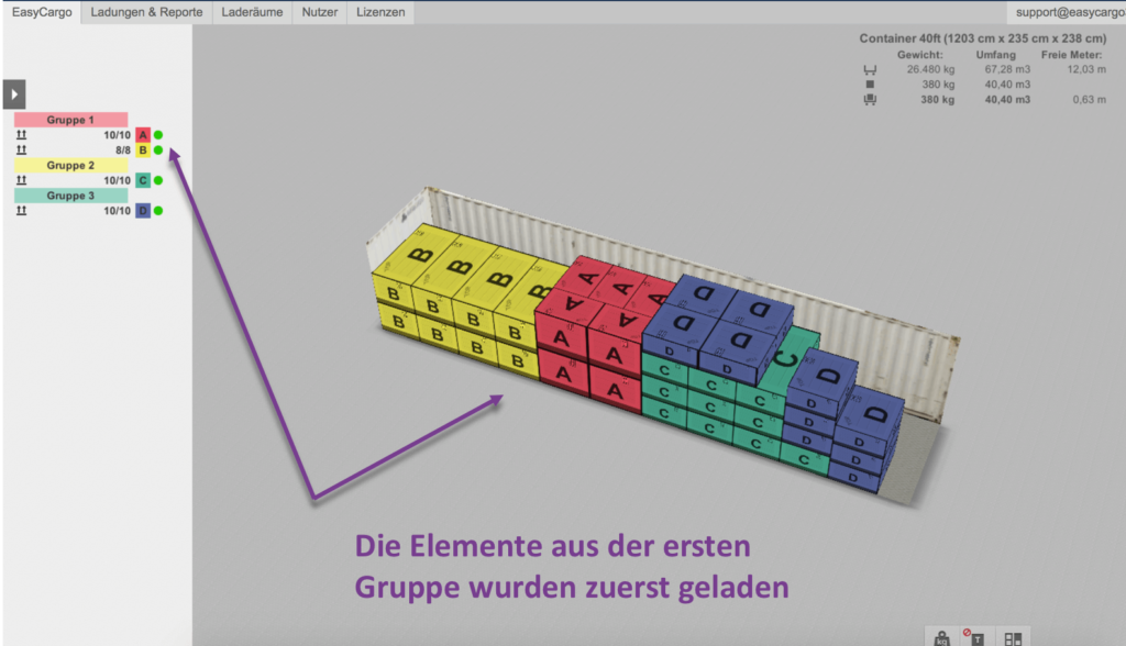 (Prioritäts-)Gruppen ermöglichen es Ihnen zu entscheiden, in welcher Reihenfolge die Artikel in den Laderaum geladen werden