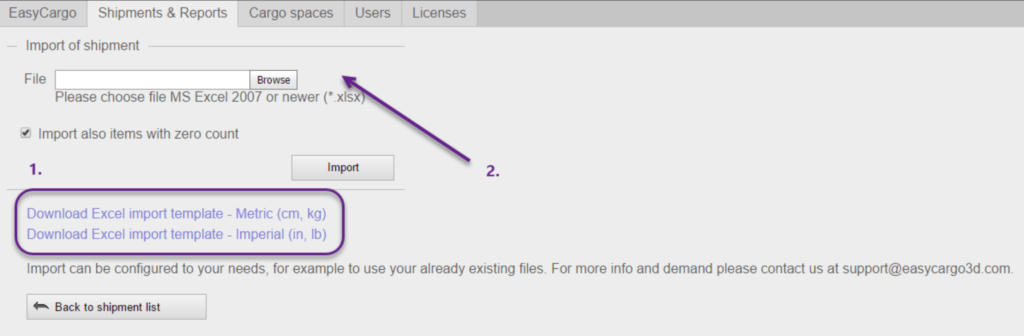 MS Excel the import of items to loading planner