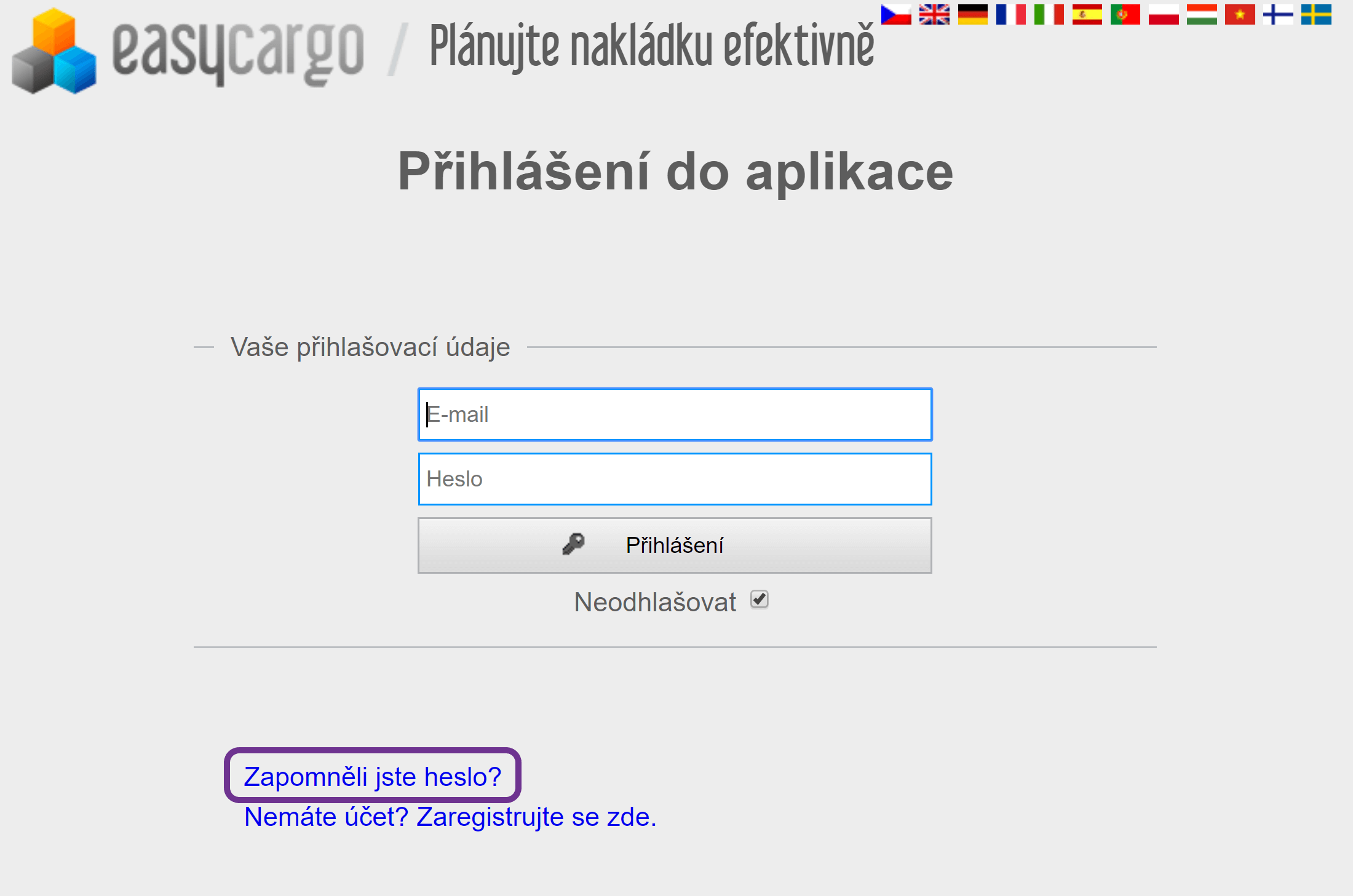 Jak postupovat při zapomenutí hesla do EasyCarga