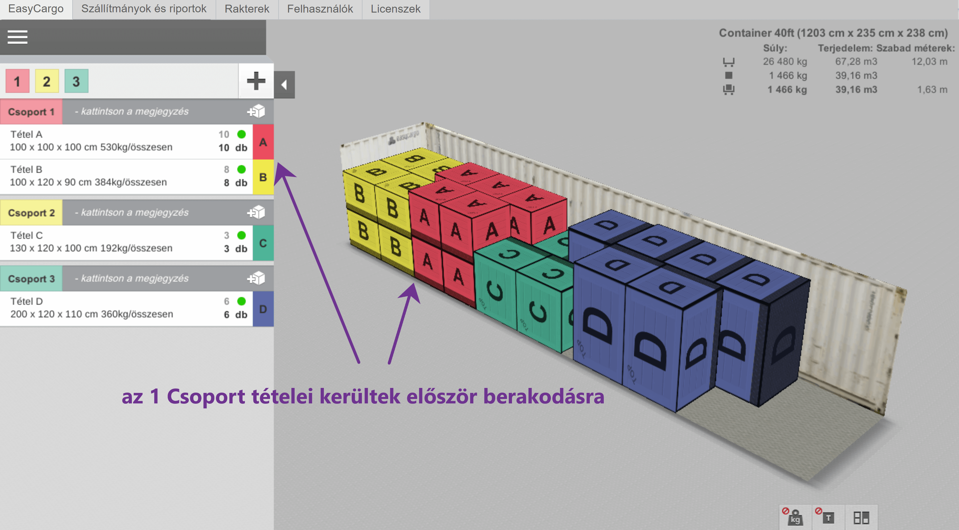 Fontossági sorrend példa - színek ábrázolják az egyes tételeket