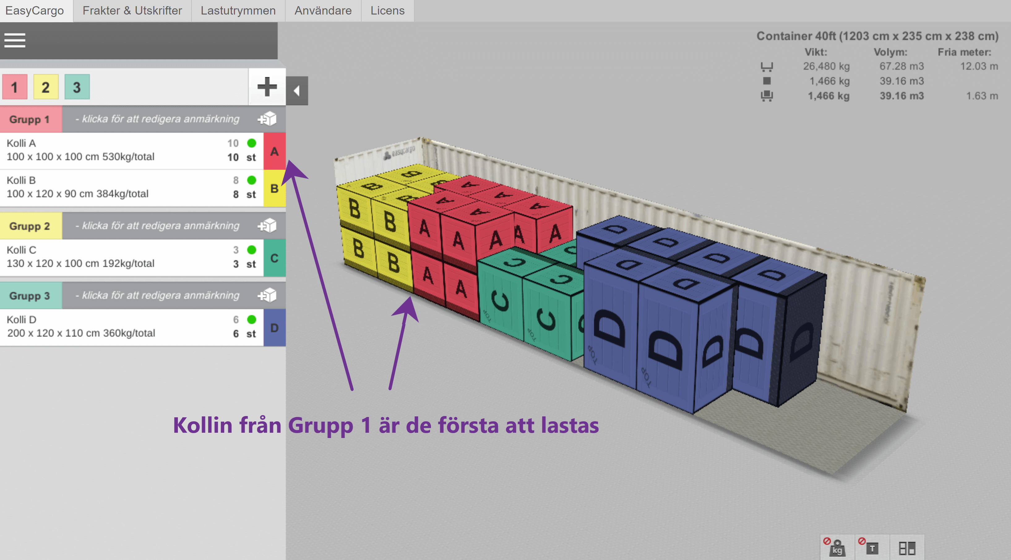 Ett exempel på Prioritetsgrupper – färgerna visar olika sorts kollin