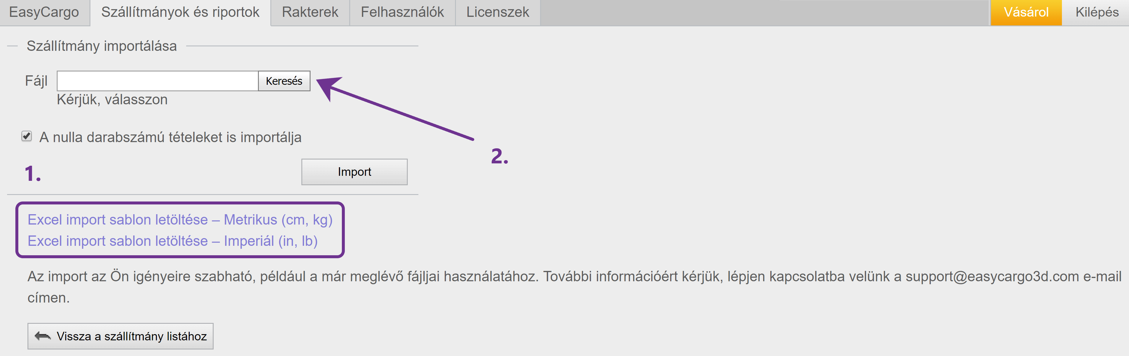 Tételek importálása MS Excelből az EasyCargo-ban