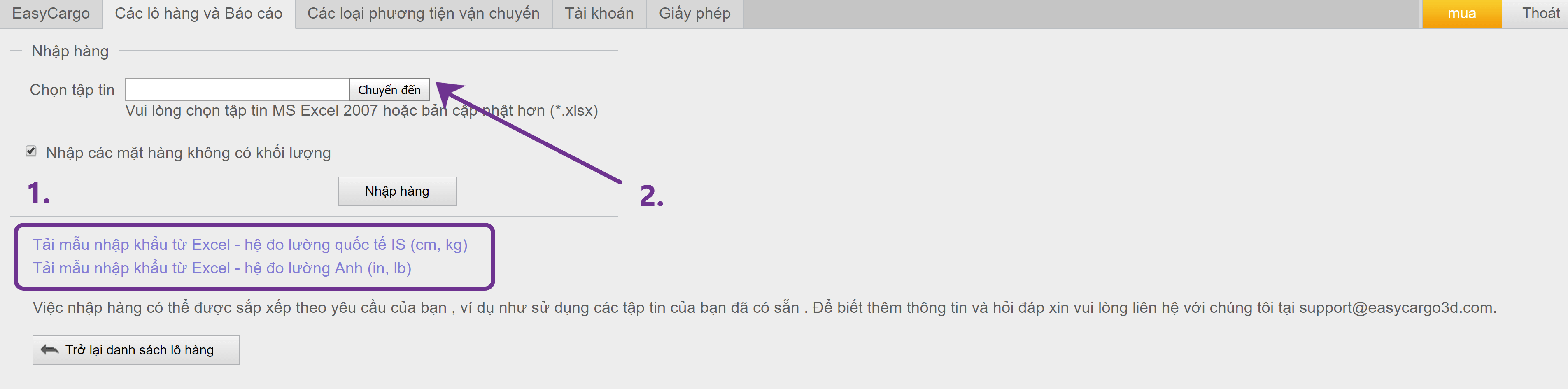 Nhập các mục từ MS Excel trong EasyCargo 