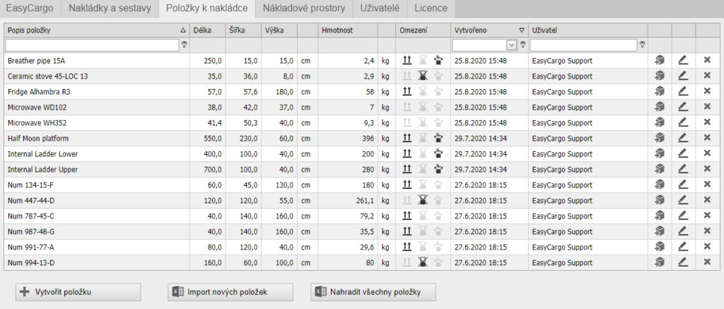 Jak přidat, importovat a spravovat databázi položek v aplikaci EasyCargo pro plánování nakládek 