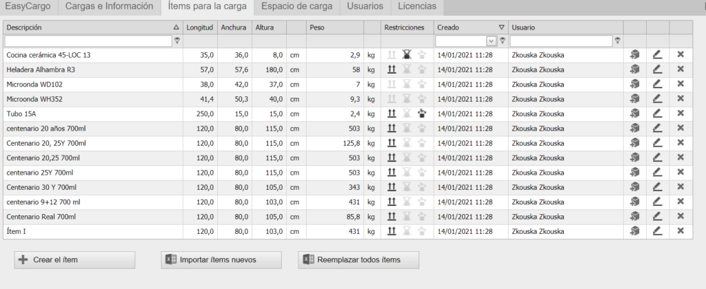 ¿Cómo agregar, importar y administrar una base de datos de ítems en la app. EasyCargo para planificar la carga ?