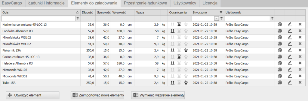 Jak dodać, zaimportować i zarządzać bazą danych elementów w aplikacji do planowania załadunku EasyCargo?