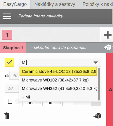 Jak přidat položku z databáze do finálního plánu nakládky v aplikaci EasyCargo