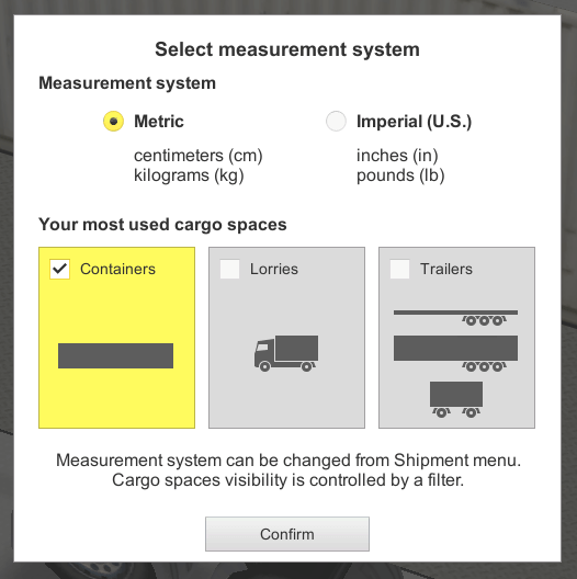 Una tabella con le unità di misura da impostare e con i vani di carico più usati