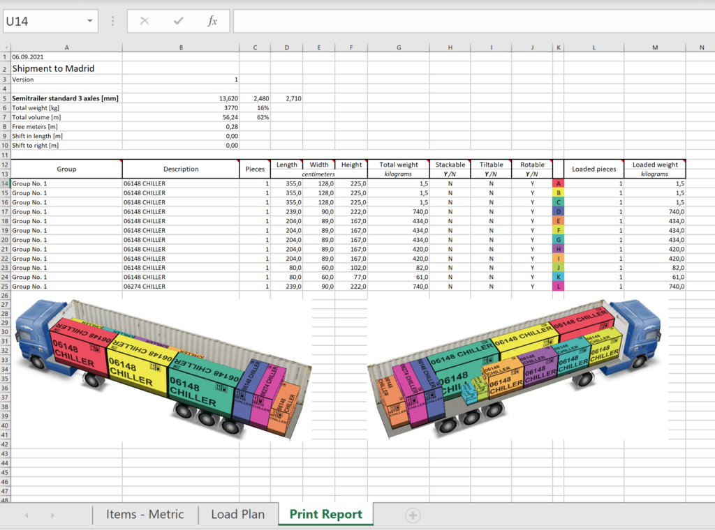 Print report in Excel format in EasyCargo loading calculator