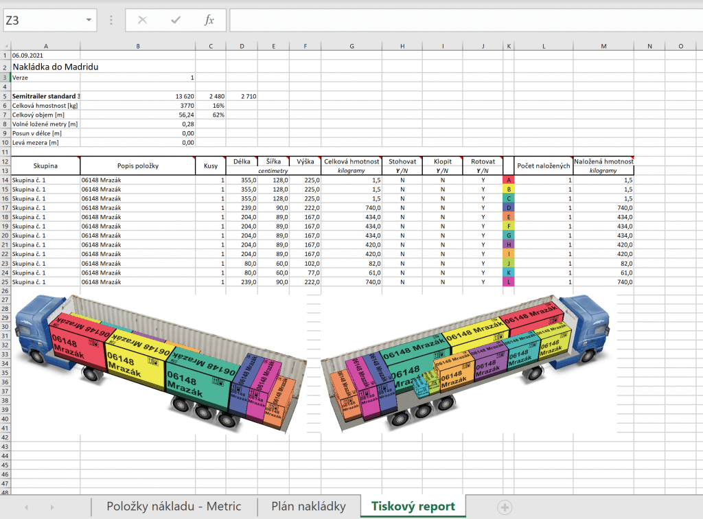 Tisková sestava v Excelu v EasyCargu, software pro plánování nakládek