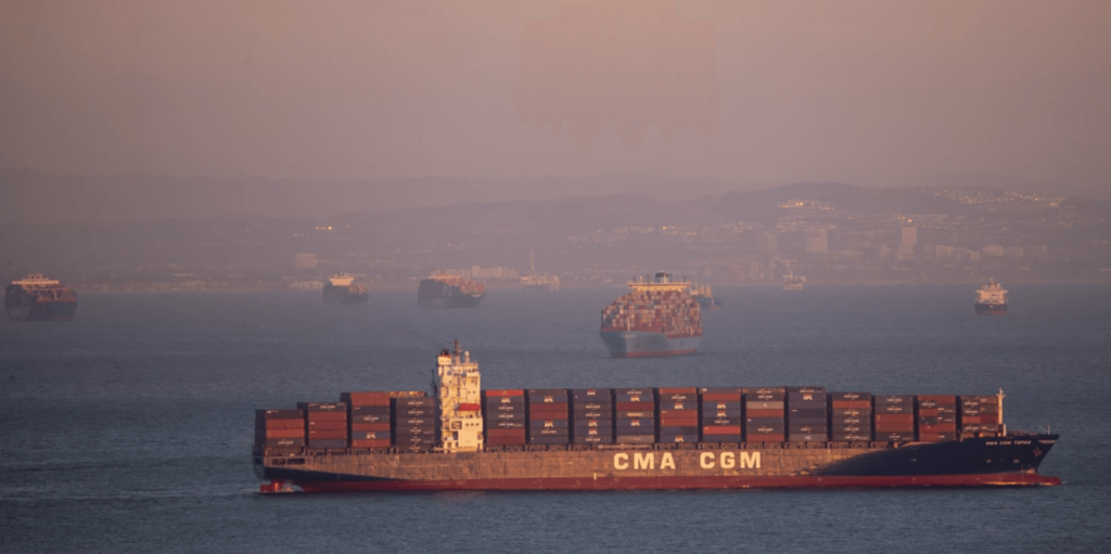 Container ships wait to unload cargo outside the ports of Los Angeles and Long Beach - Container Shortage 2021