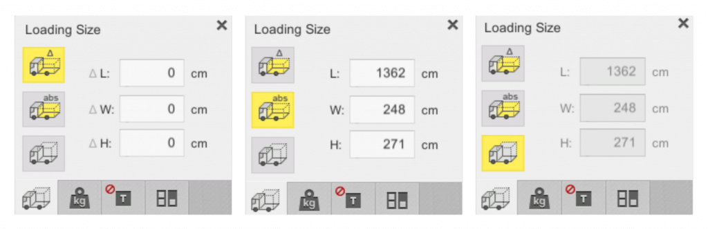 Options for adjusting the loading size layout in the calculator for load optimization EasyCargo