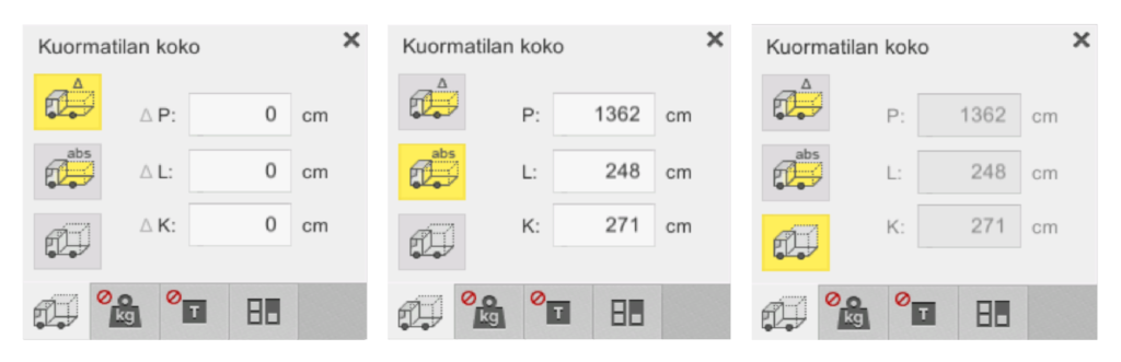 Kuormatilan koon asetusmahdollisuudet EasyCargossa