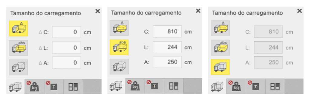 Opções para ajustar a disposição do tamanho de carga na aplicação EasyCargo para otimização do carregamento de carga