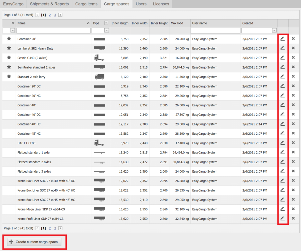 Adjusting a cargo space or adding a new one in EasyCargo online load optimizing software