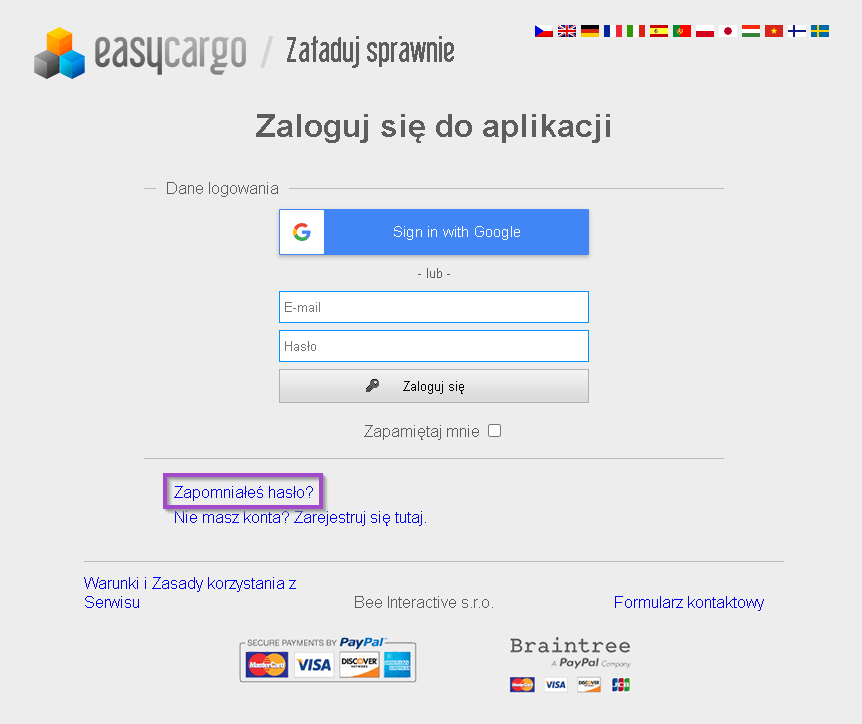 Zapomniałem hasła do EasyCargo