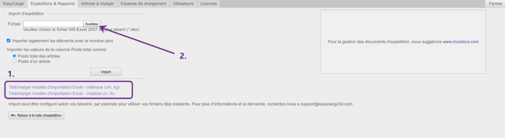 Importer les éléments depuis un fichier MS Excel dans EasyCargo