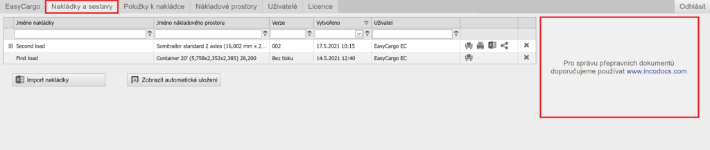 Partnerství s IncoDocs v aplikaci EasyCargo na kartě Nakládky a sestavy