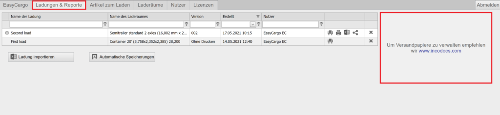 Kooperation mit IncoDocs in EasyCargo - Register Ladungen und Reporte