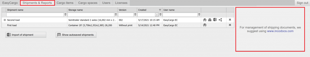 Partnership with IncoDocs in the EasyCargo app under the Shipment & Reports tab