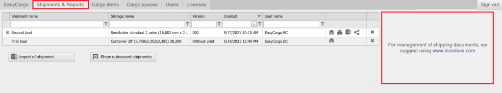 Partnership with IncoDocs in the EasyCargo app under the Shipment & Reports tab