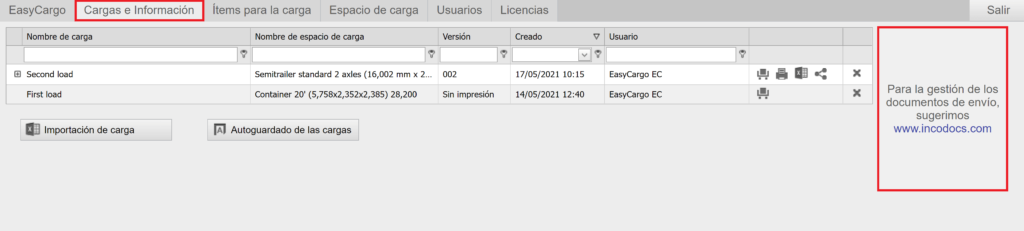 Alianza con IncoDocs en la aplicación de EasyCargo bajo la pestaña de Cargas e Información