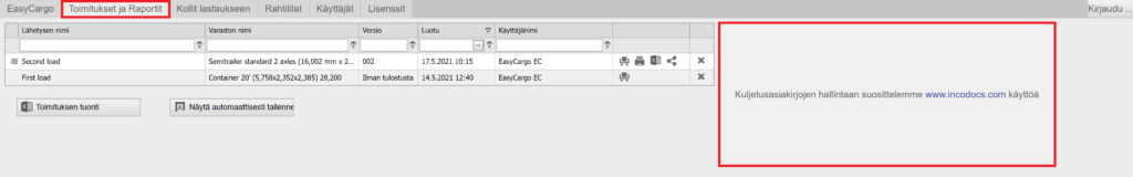 IncoDocs-kumppanuus EasyCargo-sovelluksen välilehdellä Toimitukset ja Raportit