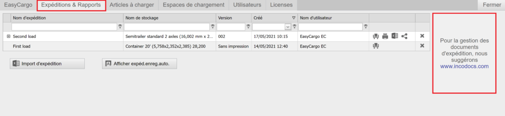 Partenariat avec IncoDocs dans l'application EasyCargo sous l'onglet Expéditions & Rapports