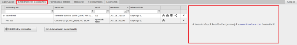 IncoDocs partnerség az EasyCargo alkalmazásban a „Szállítmányok és riportok“ kártyán
