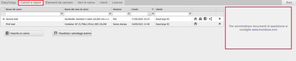 Partnership con IncoDocs nell’app EasyCargo sulla scheda Carichi e report