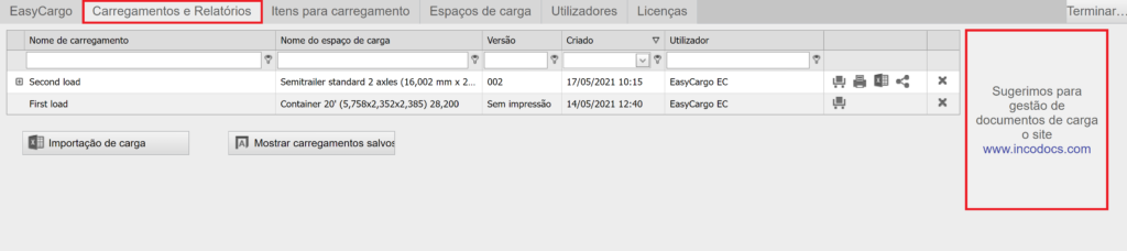 Parceria com IncoDocs do EasyCargo app no separador Carregamentos & Relatórios