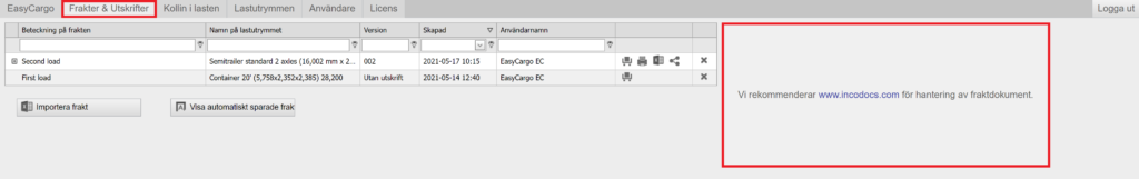 Partnerskap med IncoDocs i appen EasyCargo på fliken Frakter & Utskrifter