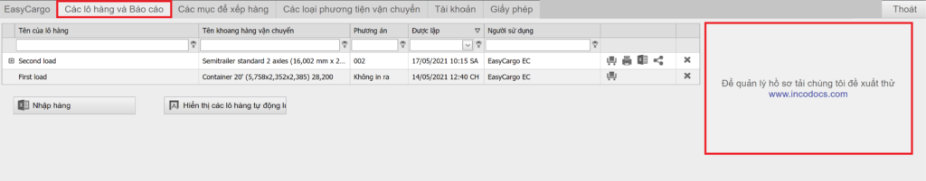 Hợp tác với IncoDocs trong ứng dụng EasyCargo trên thẻ Các lô hàng và Báo cáo