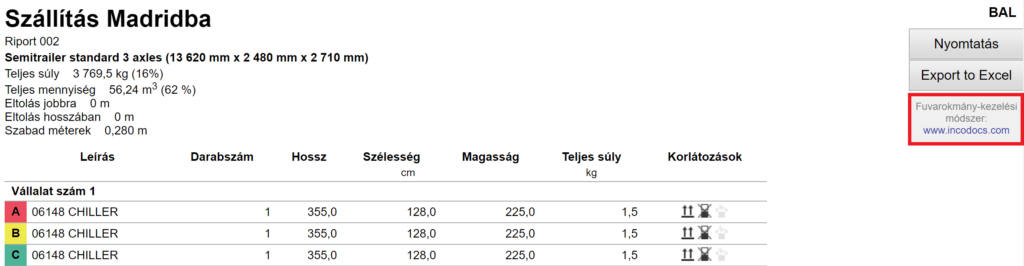IncoDocs partnerség az EasyCargo alkalmazásban a végleges nyomtatott riporton