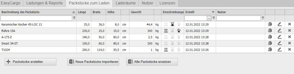 Hinzufügen, Importieren und Verwalten einer Artikeldatenbank in der EasyCargo Software zur Beladung von LKW und Container