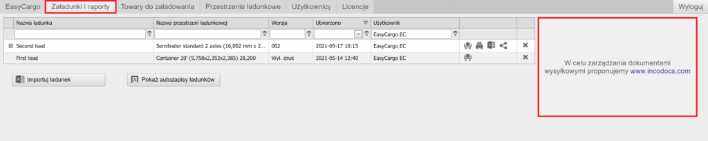 Partnerstwo z IncoDocs w aplikacji EasyCargo pod zakładką Załadunki i raporty