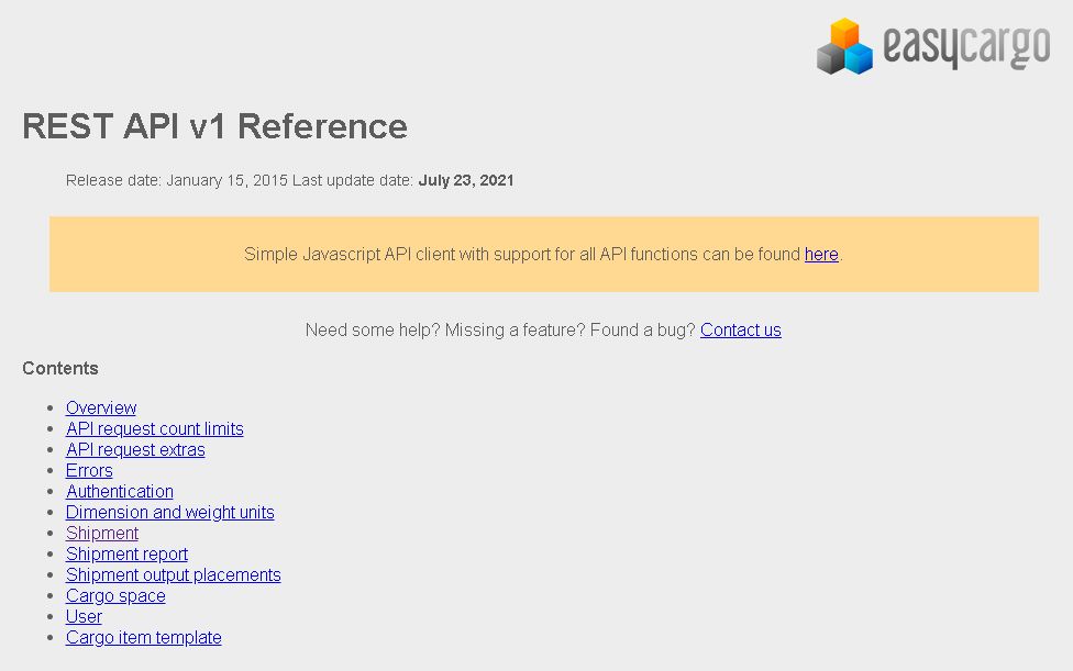 Documentation API dans EasyCargo