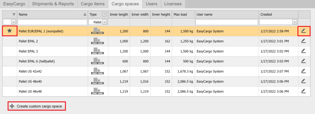 Pallet as a cargo space in EasyCargo loading software