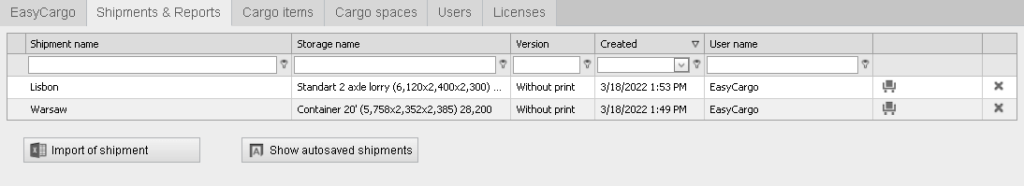 Saved shipments in EasyCargo load planning tool