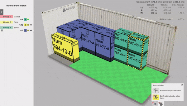 video di come appare il caricamento manuale con la rotazione automatica degli articoli nel software di pianificazione del carico EasyCargo