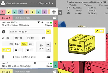 Loading constraints and description right on the box in EasyCargo loading software.