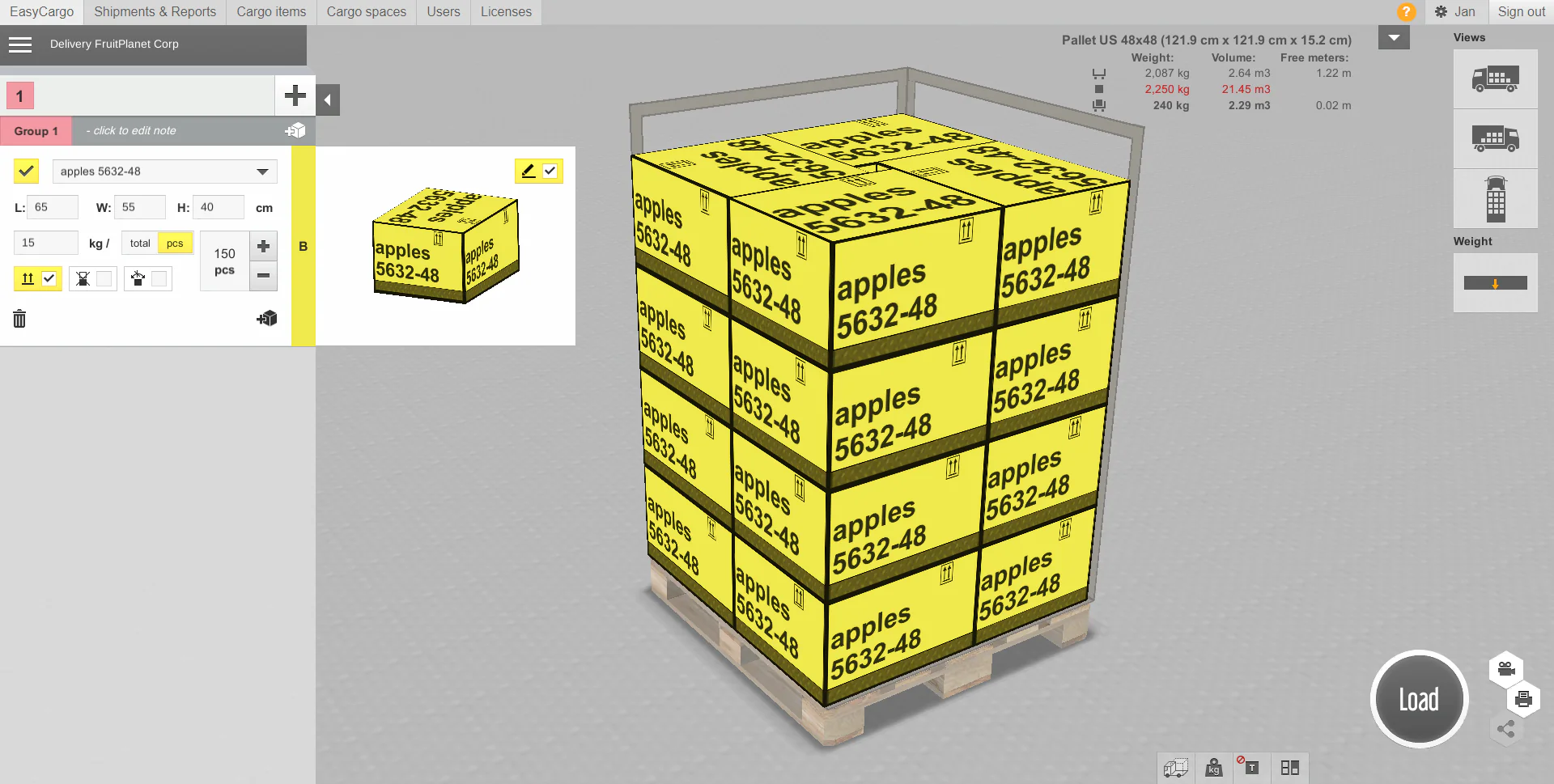 Visualización 3D del plan de carga en semirremolque dentro de EasyCargo