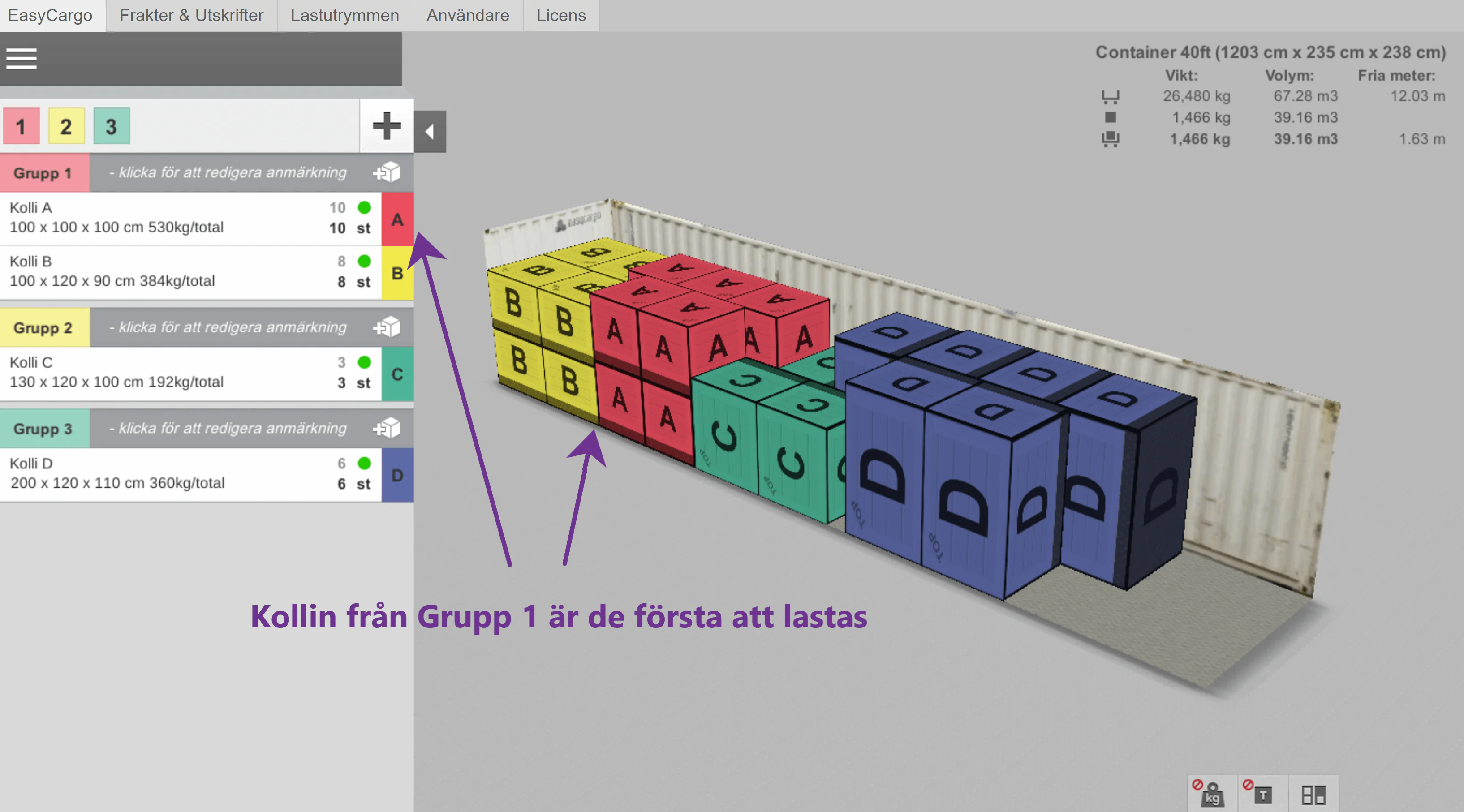 Ett exempel på Prioritetsgrupper – färgerna visar olika sorts kollin