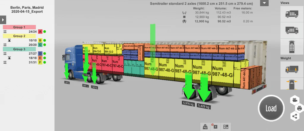 Simulación 3D del plan de carga con distribución de peso visualizada.