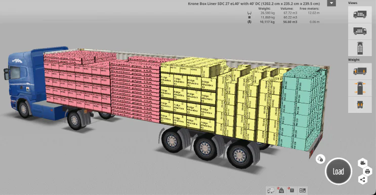 Optimized truck load layout created with EasyCargo load planning software 3D visualization of an optimized truck load showing different cargo groups arranged using EasyCargo