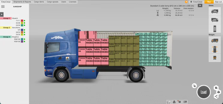 Priority Group Loading Color-Coded Cargo for Efficient Multi-Stop Deliveries EasyCargo 3D load plan showing cargo items color-coded by Priority Groups for multi-destination shipments, facilitating the last-in, first-out loading strategy.