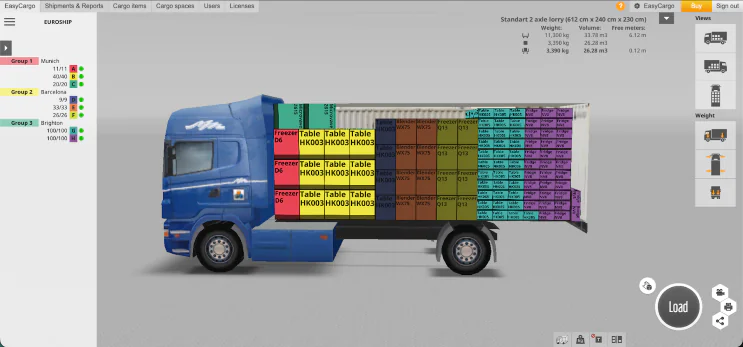 Priority Group Loading Color-Coded Cargo for Efficient Multi-Stop Deliveries EasyCargo 3D load plan showing cargo items color-coded by Priority Groups for multi-destination shipments, facilitating the last-in, first-out loading strategy.