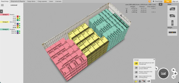 Priority Group Setup in EasyCargo for Optimized Container Loading EasyCargo container load plan showing separated priority groups using the invisible wall feature